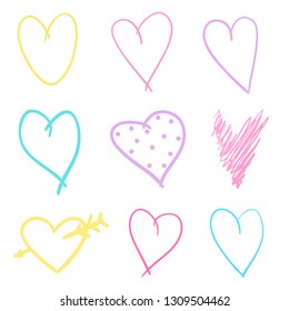 Multicolored sketchy hearts on isolated white background. Hand drawn set of love signs. Line art creation. Colored illustration. Elements for poster or flyer