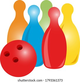 Multi-colored skittles and bowling ball on a white background. Vector illustration.