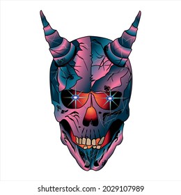 multicolored skull with horns and glowing ayes