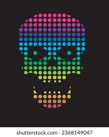 Multicolored skull made with colored dots. Drawing to celebrate Halloween. Vector illustration isolated on black background.