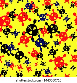 Multicolored skulls on yellow background, seamless pattern, vector