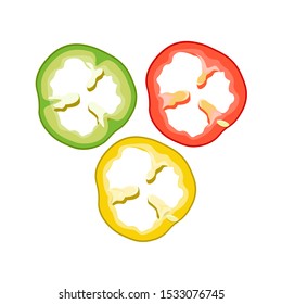 Pimienta cortada multicolor - roja, verde y amarilla. Ilustración de vectores aislada en fondo blanco