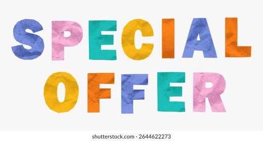 Slogan multicolorido oferta especial feita de letras de papel enrugado. Formas irregulares rasgadas, estilo de colagem adesivo, textura arenosa, layout vibrante resgate.