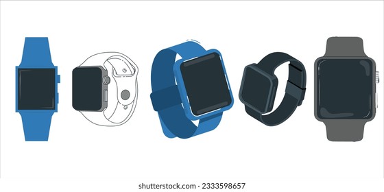 Multicolored Smart Watch in flat style. five Smart watch isolated on white. Realistic vector illustration.
Smart watch application template. Weather forecast and airport departures app template. 2086