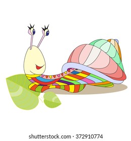 Multicolored snail vector illustration cartoon character, patchwork of colored parts. Can be used for children books, printing on T-shirts, children furniture, wallpaper, postcards, kindergartens
