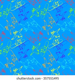 Multicolored snowboarders in a helmet. Skier Snowboarder Winter Sport Cartoon Seamless Pattern Background. Snowboarding and skiing cold season fun extreme sport backdrop. Vector illustration.