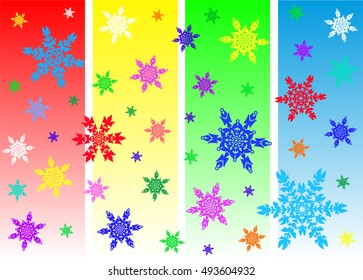 Multicolored snowfall on the background of colorful vertical stripes