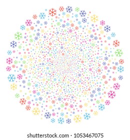 Multicolored Snowflake festive cluster. Vector globula burst created from scatter snowflake objects. Bright Vector abstraction.