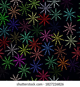 Multicolored snowflakes on a black background, vector pattern. Suitable for fabrics, textiles, paper, for New Year's decor