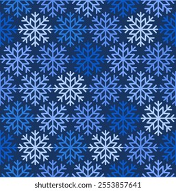 Multicolored snowflakes on a blue background, winter vector illustration. Christmas seamless pattern for wrapping paper, scrapbooking, fabric, cards, advertising.
