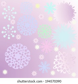 Multicolored snowflakes on a light pink gradient background.