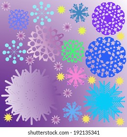 Multicolored snowflakes on a light purple gradient.