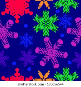 Multicolored snowflakes on a night  blue background. Pattern.
