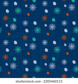 Multicolored snowflakes, snowfall on blue background with texture, vector illustration, surface with snow elements. Winter symbols of cold weather.