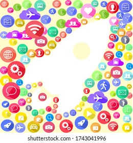 Multicolored social media icon texture with a rocket shape element background