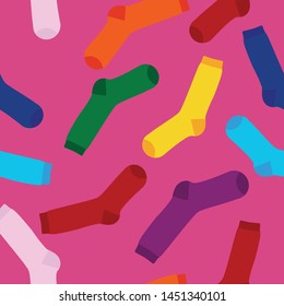 Multi-colored socks on a white background seamless pattern. View from above. Many different socks for cold seasons. Socks are scattered on a bright background. 