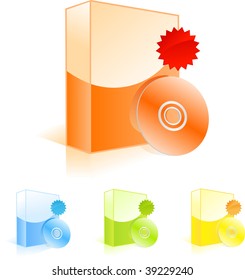 Multicolored software boxes with CD disk and discount labels