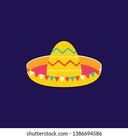 Multicolored Sombrero icon flat style. Cinco de Mayo festival in Mexico. Fun Artisan hand painted traditional ethnic symbol for Mexican parade. Isolated on dark blue backdrop. Vector illustration