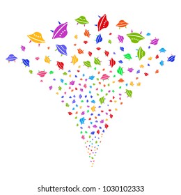 Multicolored Space Ship festive fountain. Object fountain made from random space ship pictographs as fireworks. Vector illustration style is flat iconic symbols with psychedelic colors.