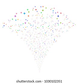 Multicolored Space Stars burst fountain. Object fountain organized from random space stars design elements as fireworks. Vector illustration style is flat iconic symbols with psychedelic colors.