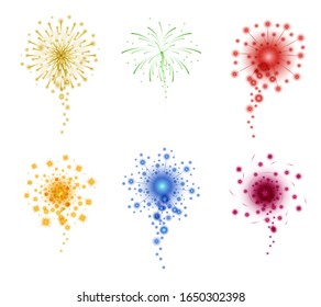 Multicolored sparkling fireworks in different shapes realistic illustration isolated on white background. New year, Christmas, festival or holidays celebration set vector elements.