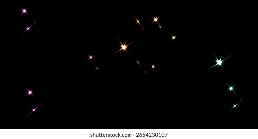Multicolored Sparkling Star Lights On Dark Background Featuring Pink, Orange, Yellow, and Green Glows, Creating a Magical, Fantasy, and Vibrant Celestial Atmosphere.