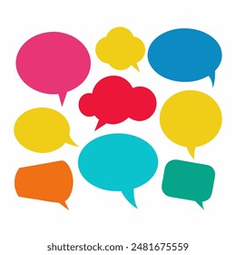 Multicolored speech bubbles on white backdrop, suggesting lively conversations