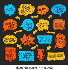 Multi-colored speech bubbles with text on a black background. Different phrases written in a cartoon style. Design elements set.