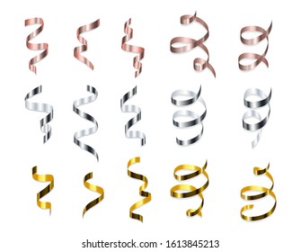 Multicolored Spiral Realistic Ribbons Set Vector Illustration. Decoration For Banner, Invitation, Greeting Cards With Silver, Golden And Rose Gold Streamers Falling Flat Concept. Isolated On White