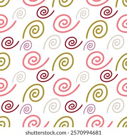 Multicolored spiral seamless pattern, vector background. Ideal for fabric, textile, baby bedding, wallpaper, pajamas. Scandinavian style.