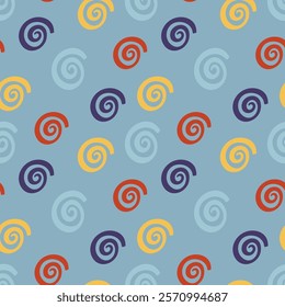 Multicolored spiral seamless pattern, vector background. Ideal for fabric, textile, baby bedding, wallpaper, pajamas. Scandinavian style.