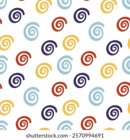 Multicolored spiral seamless pattern, vector background. Ideal for fabric, textile, baby bedding, wallpaper, pajamas. Scandinavian style.