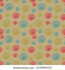 Multicolored spiral seamless pattern, vector background. Ideal for fabric, textile, baby bedding, wallpaper, pajamas. Scandinavian style.