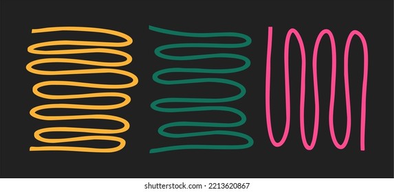 Espirales multicolores, dibujadas a mano sobre un fondo negro. Doodles brillantes. Ilustración moderna de la moda. Diseño plano, dibujo de dibujos animados, vector.