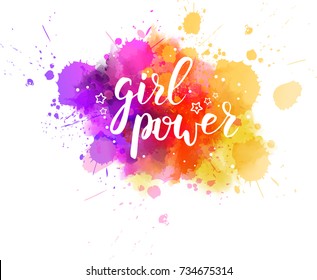 Multicolored splash watercolor blot with handwritten modern calligraphy text "Girl power"