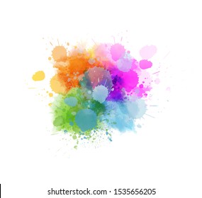 Multicolored splash watercolor paint blot - template for your designs. Purple, green, blue and orange colored