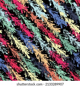 Multicolored splashes of paint on a black background. Seamless decorative floral pattern. Vector illustration for fabrics, wrapping, continuous print, and web.