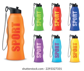 Multicolored sport flasks for water with carry strap realistic set isolated vector illustration