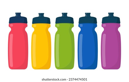 Multicolored sports bottles set. Fresh water plastic containers. Athlete accessory, fitness equipment store item. Active recreation, healthy lifestyle, training attribute. Vector illustration