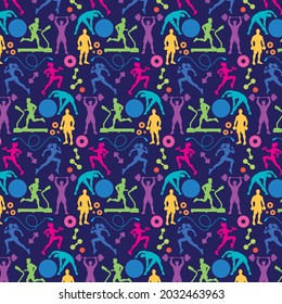 Multi-colored sports silhouettes. Men and women play sports. The pattern.