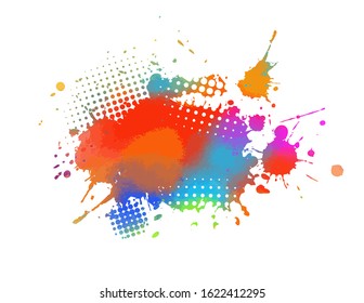 Multi-colored spots of paint on a white background. Grunge frame of paint. Mixed media. Vector illustration.