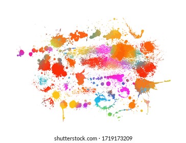 Multi-colored spots of paint on a white background. Grunge frame of paint. Mixed media. Vector illustration.