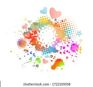 Multi-colored spots of paint on a white background. Grunge frame of paint. Mixed media. Vector illustration.