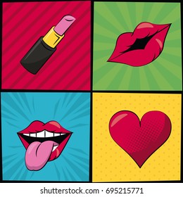 multicolored square banner in pop art style with stripes and dots with lipstick heart and mouth