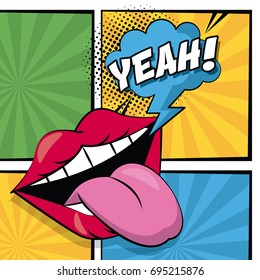 multicolored square banner in pop art style halftone with stripes and mouth with tongue out and cloud callout yeah text