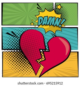 multicolored square banner in pop art style halftone with stripes and heart broken scream dialog callout damn text