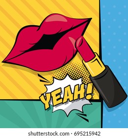 multicolored square banner in pop art style halftone with stripes and mouth with lipstick dialog callout yeah text