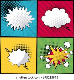 multicolored square banner in pop art style halftone with stripes and dialog callout in different forms