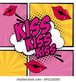 multicolored square banner in pop art style halftone with stripes and set sexy lips and callout with kiss text