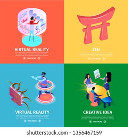 Multicolored Square Banners Set with Copy Space. Guy Using Augmented Technology, Man Playing Virtual Reality Games, People and Creative Idea, Zen Hieroglyph Sign. 3D Flat Vector Isometric Illustration